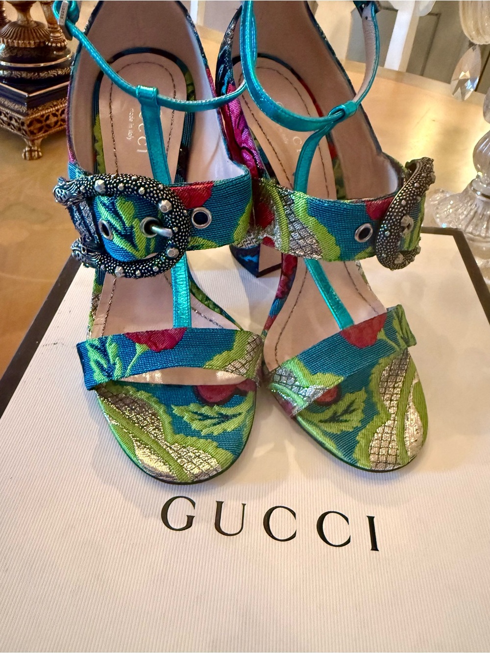 Gucci Blue Green Floral T-Strap Heeled Sandals with Embellished Buckles